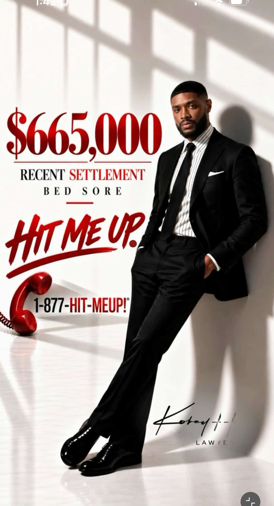Korey Huff in a black suit on a graphic announcing a $665,000 bedsore-case settlement