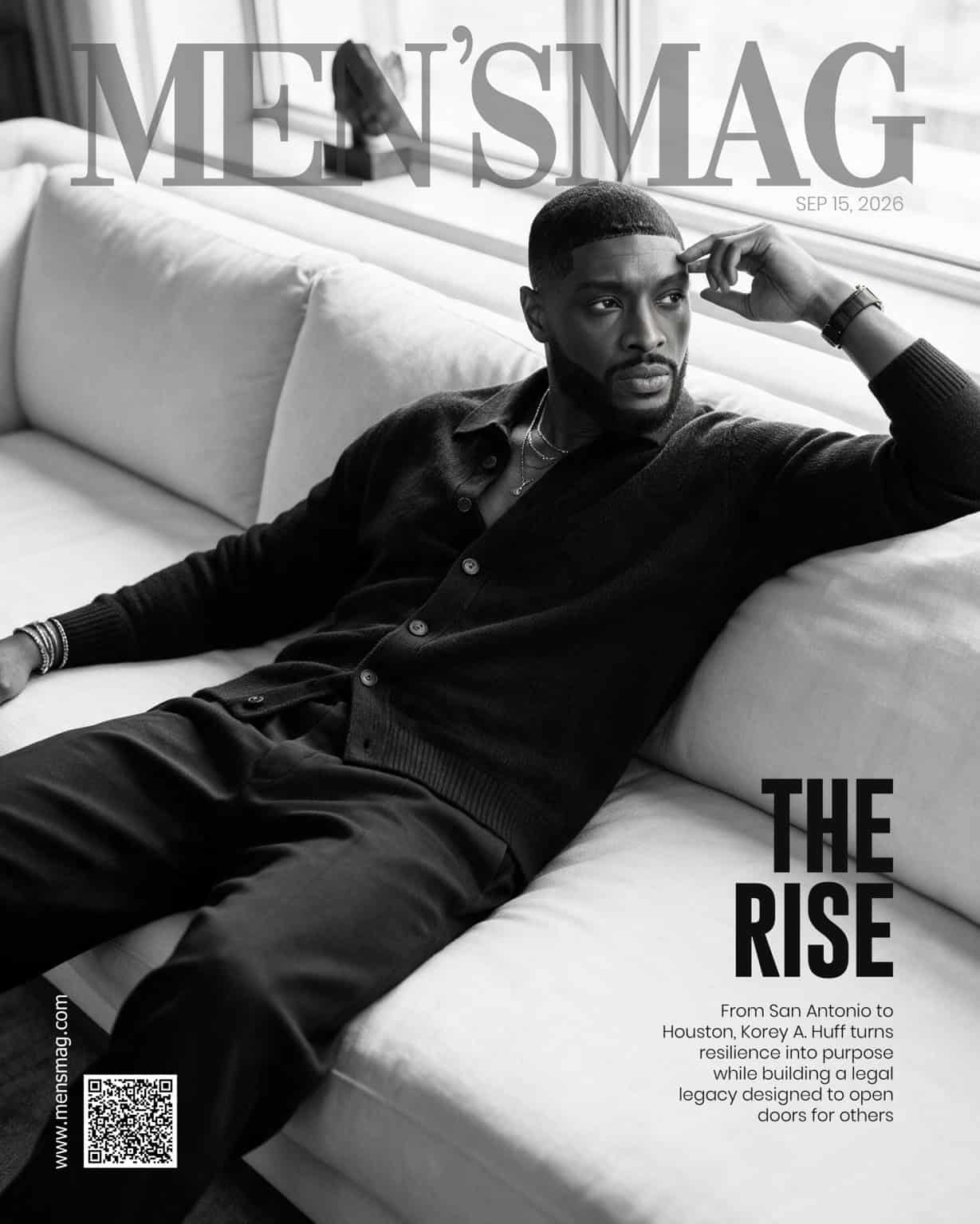 Black-and-white MENSMAG cover featuring attorney Korey A. Huff seated on a sofa