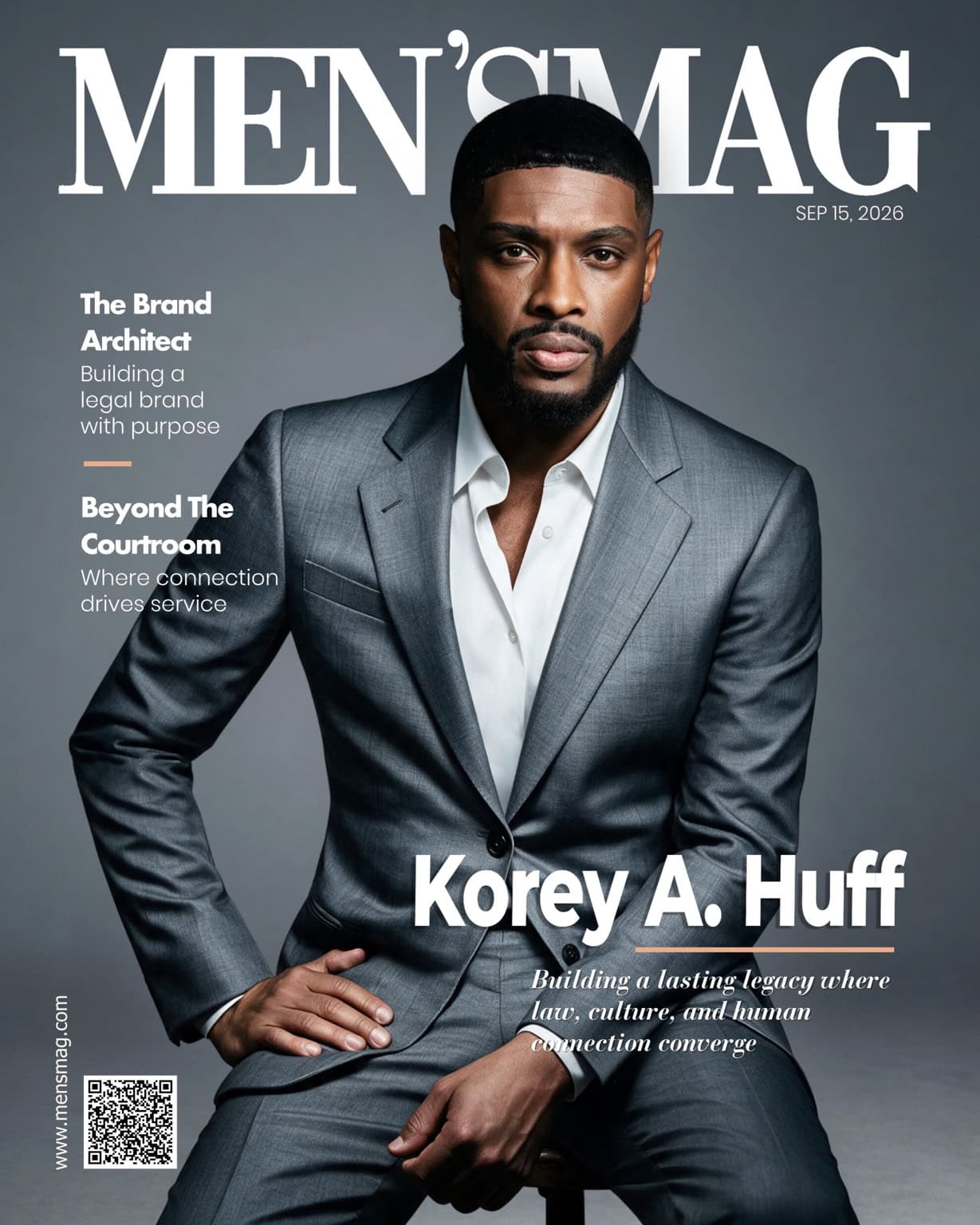 MENSMAG cover featuring attorney Korey A. Huff in a grey suit