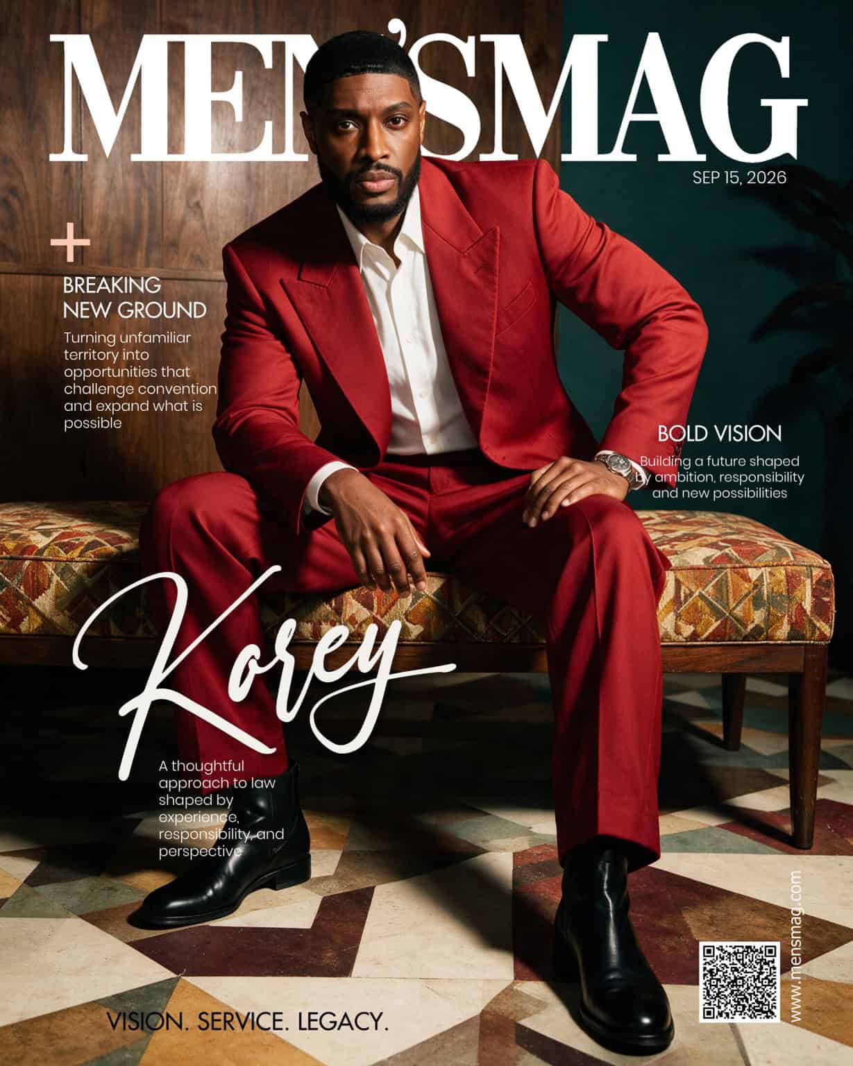 MENSMAG cover featuring attorney Korey A. Huff seated in a red suit