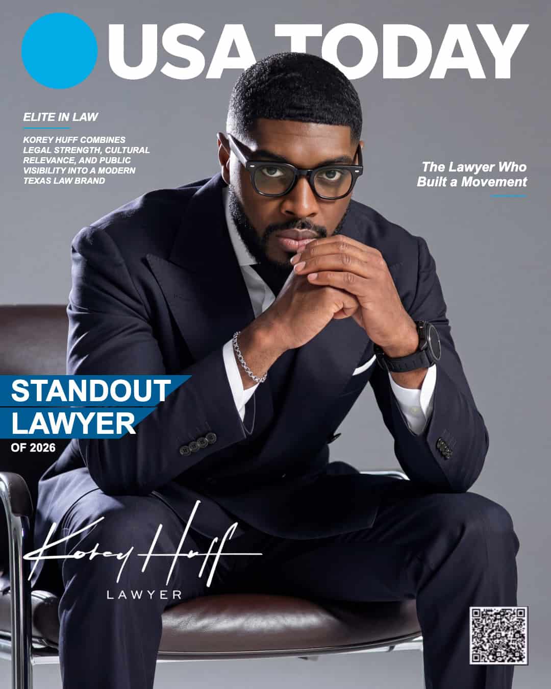 USA TODAY feature artwork showing attorney Korey Huff in a dark suit and glasses