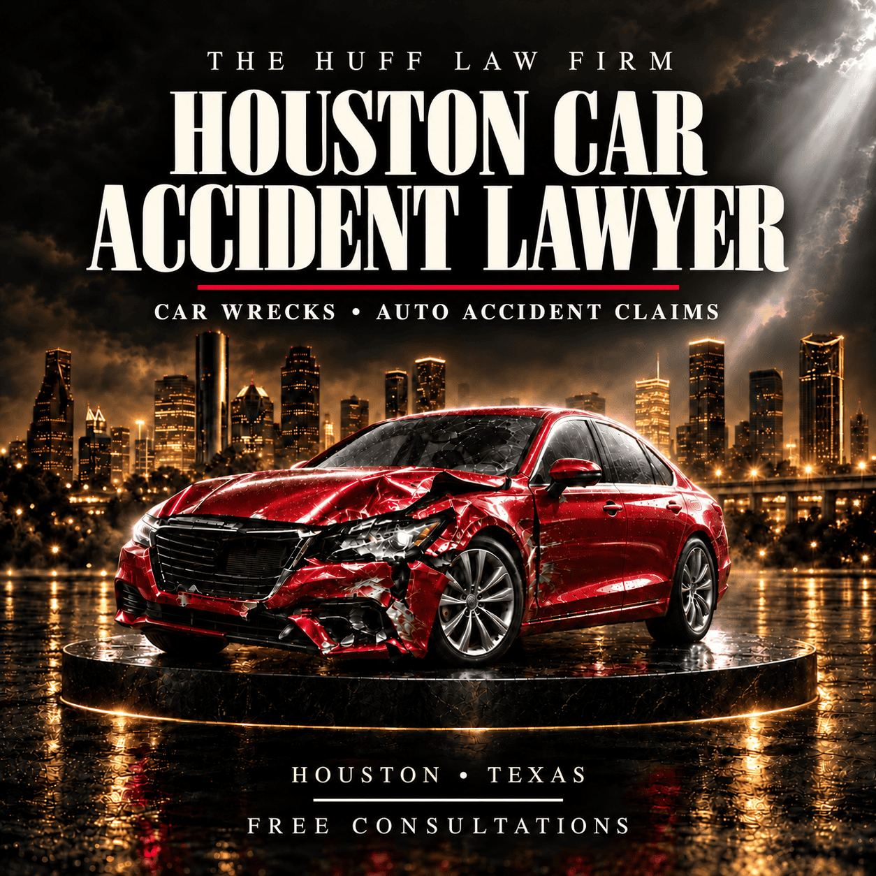 Houston Car Accident Lawyer | The Huff Law Firm The Huff Law Firm Houston Car Accident Lawyer card showing a wrecked red car beneath the Houston skyline