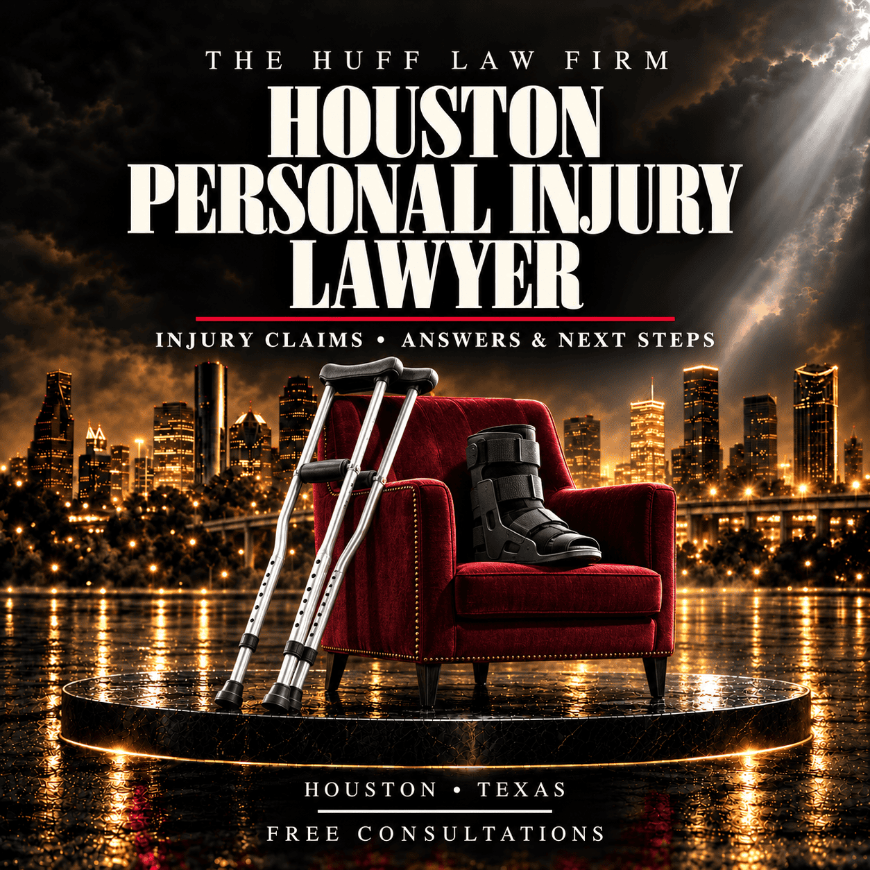 The Huff Law Firm Houston personal injury lawyer artwork with crutches, a walking boot and a burgundy chair against the Houston skyline.